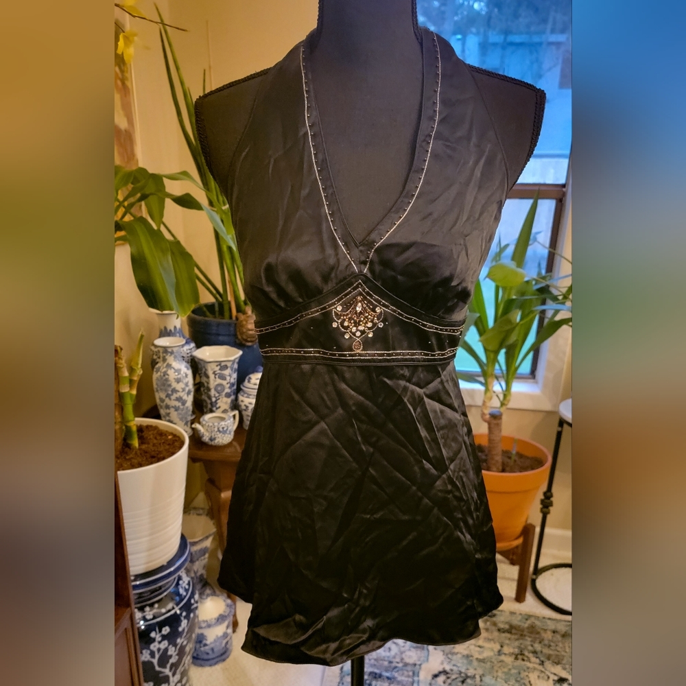 The Limited Black Tunic Length Silk Halter w Sequin Detail M
